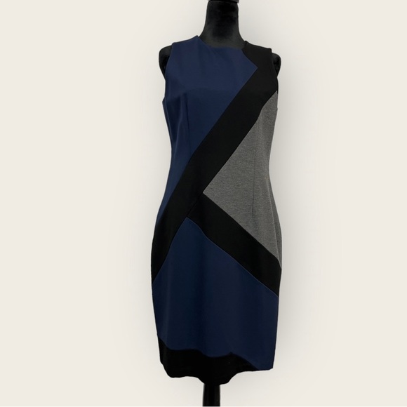 Ladies White House Black Market Grey Color Block Dress Size 10 - Picture 3 of 10